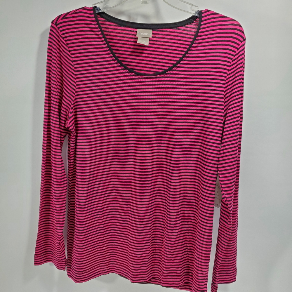 Chicos Womens Black Hot Pink Stripe Top Sz 1 New
